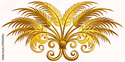 Elegant golden palm leaf and scrollwork ornament, vector