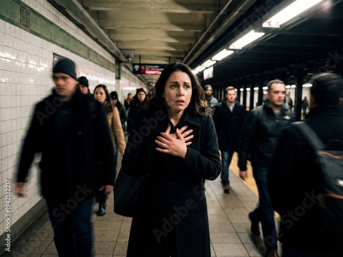 Anxiety/Panic Attack: Professional photography, woman in a crowded subway station clutching her chest, wide eyes, blurred motion of people passing by, high-tension cinematic style.