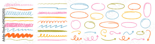 Crayon lines, charcoal highlight strokes and freehand ovals doodle set. Pencil underlines, arrows, ellipse frames. Hand drawn kids chalk brush strips in sketch style.