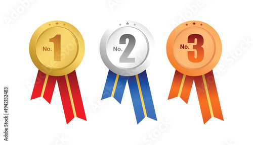 Set of gold silver and bronze award medals with ribbons for first second and third place achievement