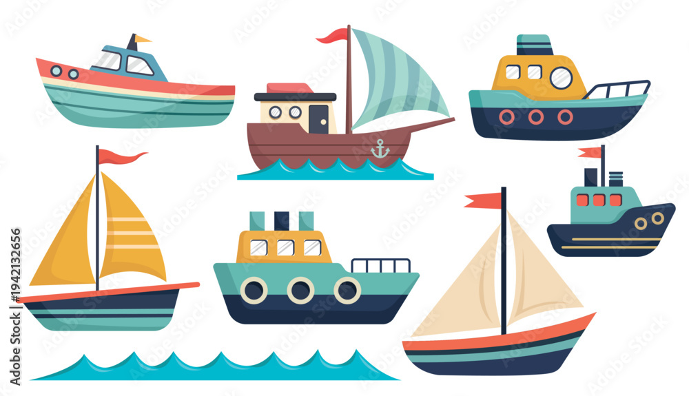 Fototapeta premium Set of colorful cartoon boats and ships icons including sailboats and tugboats isolated on white background for nautical design