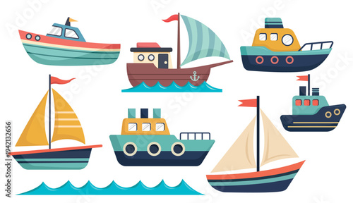 Set of colorful cartoon boats and ships icons including sailboats and tugboats isolated on white background for nautical design