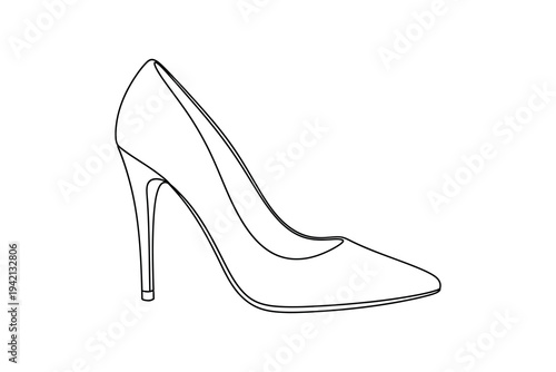 A sleek, black, high-heeled pump shoe with a pointed toe and stiletto heel, depicted in a simple line drawing, perfect for fashion illustration and design projects.