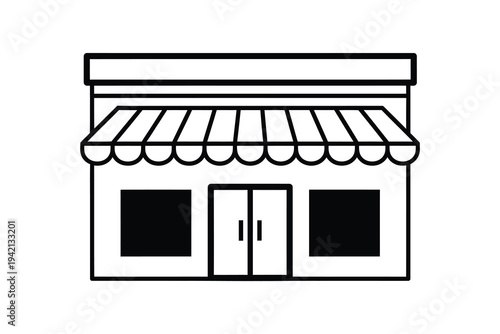 A simple line drawing of a storefront with awning and double doors, illustration of a small retail shop or restaurant with windows.
