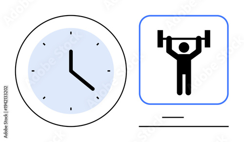 Exercise schedules, healthy routines, time prioritization, fitness goals, lifestyle planning, structured habits. Clock and person lifting weights. Exercise schedules and healthy routines concept