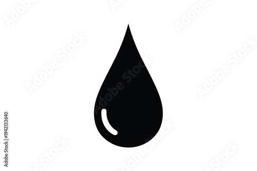 A single black teardrop shaped like a water droplet with a reflective surface on a plain white background, symbolizing liquid, purity, and simplicity.