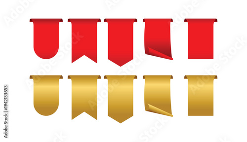 Set of red and gold ribbon banners hanging decorative tags for sale promotion marketing isolated on white background