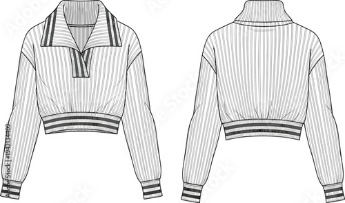 Women's ribbed cropped sweater technical fashion sketch, striped collar long sleeve pullover flat vector illustration, apparel cad drawing design template