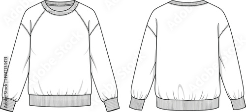 White oversized sweatshirt technical flat sketch front and back view raglan sleeve crew neck apparel design cad drawing flat vector illustration