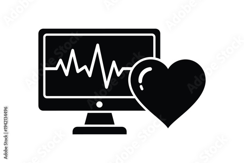 Medical monitoring concept with ECG on computer screen and heart symbol, health check, cardiogram on monitor, heartbeat, medical technology, healthcare.