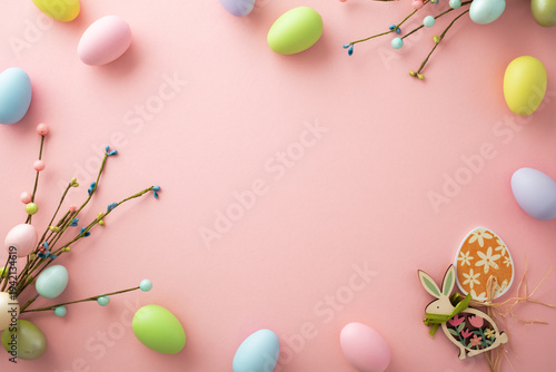 Easter frame made of pastel eggs, decorative branches and cute bunny on pink background. Copy space.