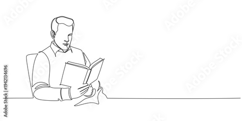 Continuous One Line Drawing of a man Reading a Book, line art vector illustration 