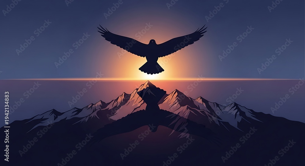 Naklejka premium Bird in flight over mountain range.