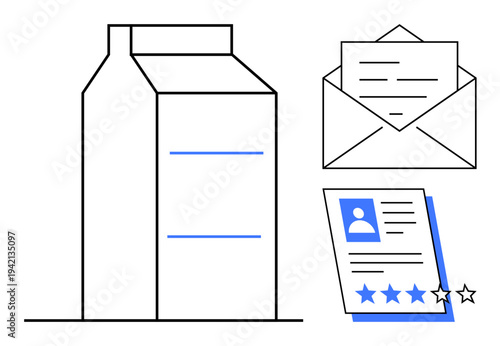 Minimalist line art featuring a milk carton, an envelope containing a letter, and a candidate profile with review stars. Ideal for communication, product review, recruitment, evaluation, email