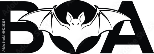 Bat silhouette forming BOA text logo with spread wings dark wildlife emblem for horror theme branding, Halloween design, nocturnal animal vector illustration