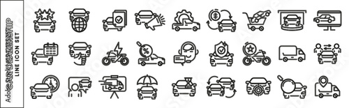 Car Dealership Line Icon Set – Auto Sales, Vehicle Service, Insurance, Finance and Delivery Outline Icons