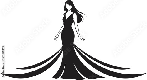 Elegant woman silhouette in long evening gown fashion illustration stylish female model outline for beauty boutique branding, luxury dress design and glamour logo vector