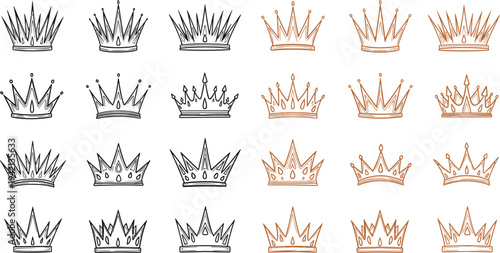 Set of elegant crown line icons in black and gold outline royal king and queen tiara symbols collection for luxury branding logo design