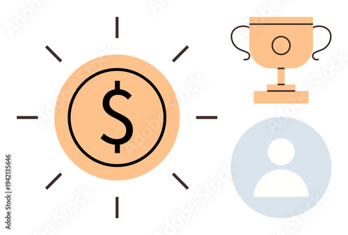 Financial success, achievement, personal growth, reward, recognition, investment. A dollar sign surrounded by rays, a trophy and a user symbol. Financial success and achievement visualization