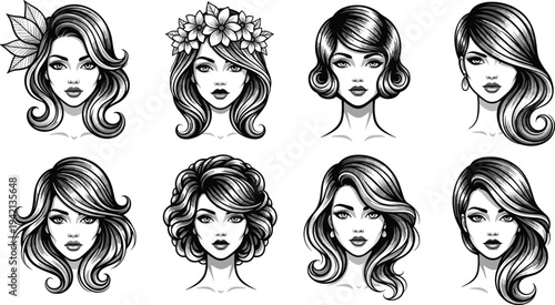 Set of female face portraits with different hairstyles elegant beauty fashion illustration collection for salon branding, makeup design and cosmetic logo vector