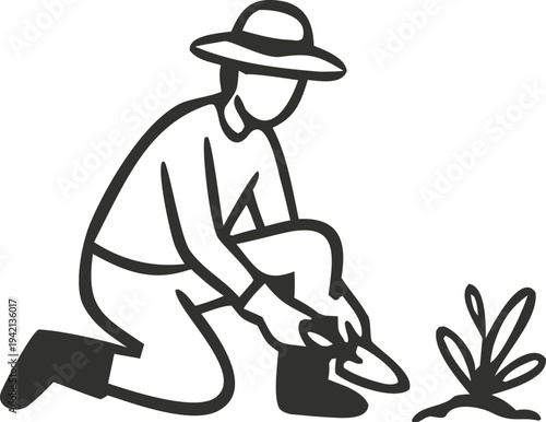 Hand drawn illustration of a gardener in a hat kneeling and planting a seedling in the soil