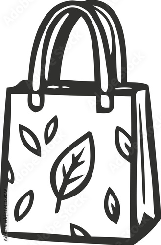 Hand drawn illustration of an eco-friendly reusable shopping tote bag with nature leaf patterns