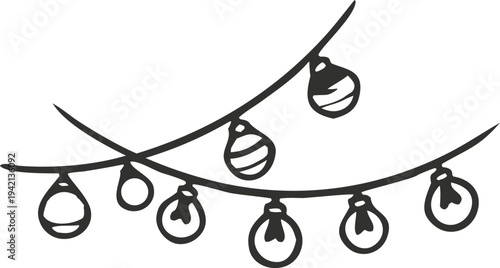 Hand drawn doodle illustration of hanging string lights and decorative party light bulbs