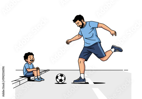 Father playing soccer with son outdoors illustration