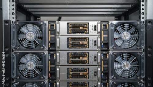 Rows of powerful server units with cooling fans, representing advanced technology and data infrastructure.