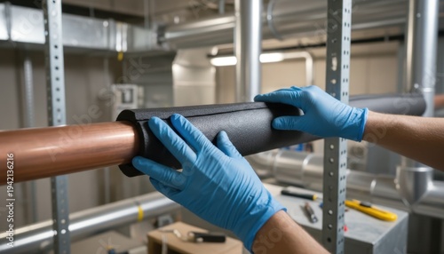Technician's gloved hands installing insulation on copper pipe within an industrial facility
