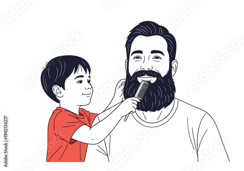 Child brushing father beard playfully illustration