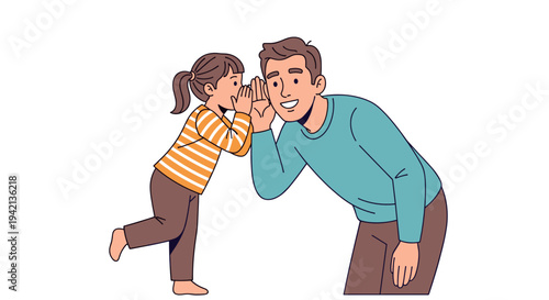 Child whispering secret to father ear illustration