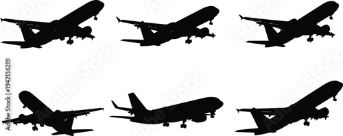 Commercial airplane silhouettes set in flight, passenger jet aircraft taking off, aviation transport icons, cad drawing flat vector illustration, travel.