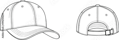 Technical fashion flat sketch of a baseball cap, front and back views, headwear template, cad drawing flat vector illustration, hat.