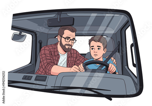 Father teaching son to drive car while sitting together