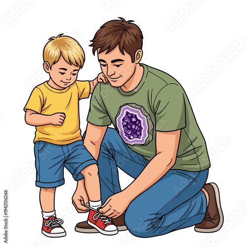 Father tying son's shoelaces helping child get ready