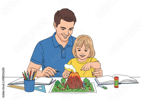 Father helping daughter with volcano school project illustration