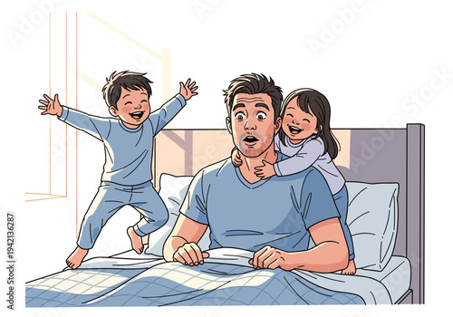 Kids surprising father in bed in the morning illustration