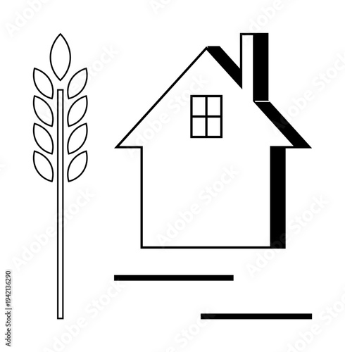 Agriculture, rural lifestyle, farming, sustainability, real estate, simplicity. Black and white house with wheat stalk. Agriculture and rural living concepts