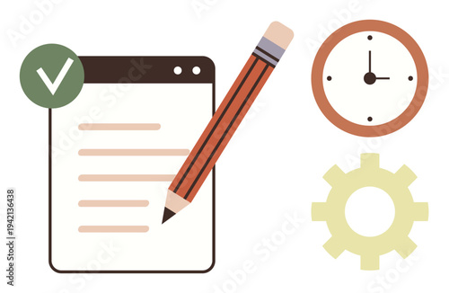 Task management, productivity tools, workflow organization, time tracking, project planning, scheduling. A checklist with a pencil, clock and gear icon. Task management and productivity tools