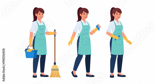 Three different poses of a female cleaner wearing an apron and gloves, holding various cleaning tools.