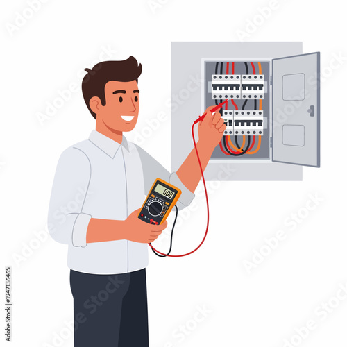 A smiling male electrician using a multimeter to check an electrical panel with open circuit breakers and wires.