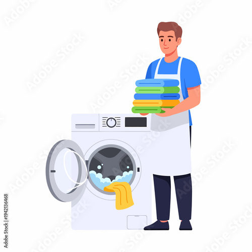 Man doing laundry, holding a stack of clean folded clothes next to a washing machine with bubbles.