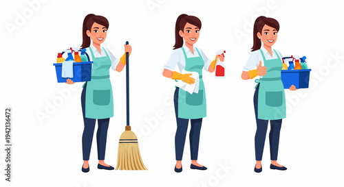 Cartoon illustration of a smiling female cleaner in various poses with cleaning supplies and tools.