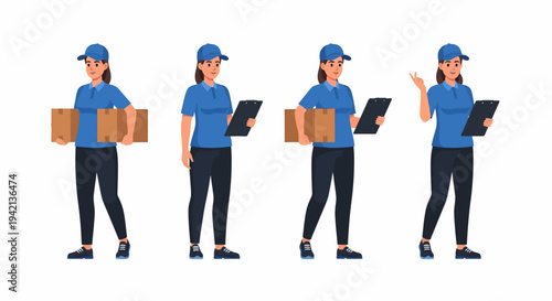 Four cartoon illustrations of a female delivery worker in blue uniform, holding packages and clipboards, on a white background.