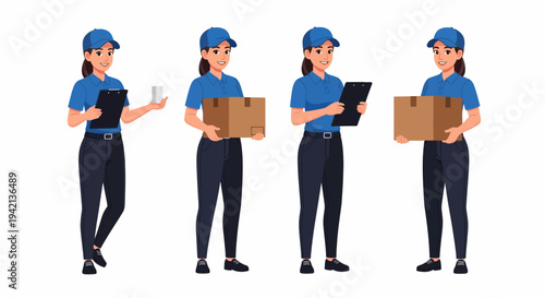 Four female delivery workers in blue uniforms holding packages and clipboards.