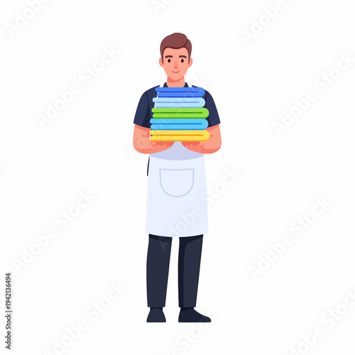 A man in an apron holding a stack of clean, colorful folded towels, representing laundry or cleaning service.