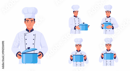 A male chef in a white uniform and hat holding a blue cooking pot, depicted in various poses.