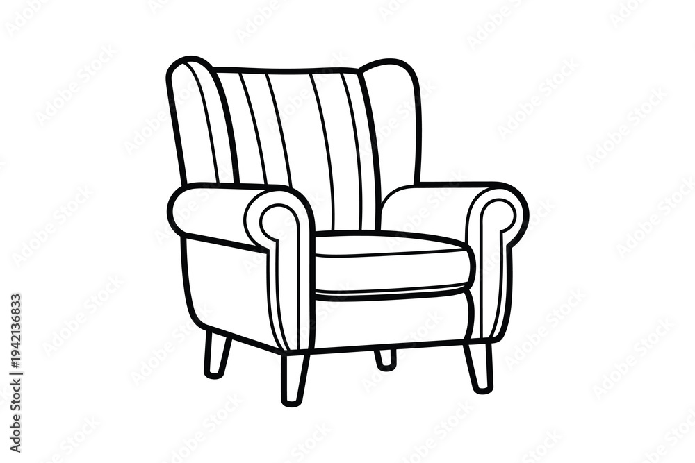 Fototapeta premium A black and white illustration of a comfortable armchair with a striped backrest and rolled arms, sitting on wooden legs, against a plain white background.