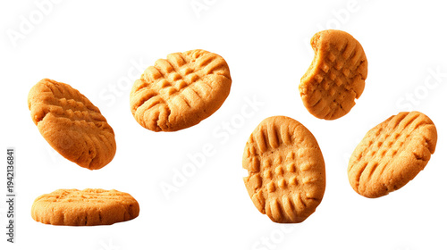 Peanut butter cookies floating in air isolated on a transparent background